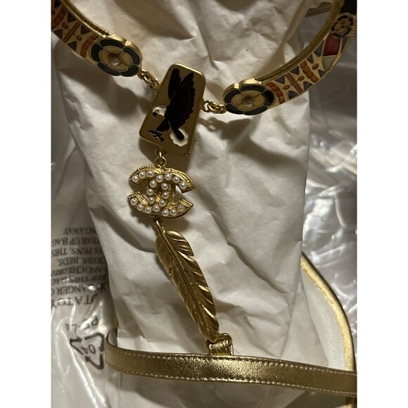 Chanel Gold Logo Charm Sandals with Pearl & Feathers, Ankle Strap, Size 41 - Picture 3 of 8